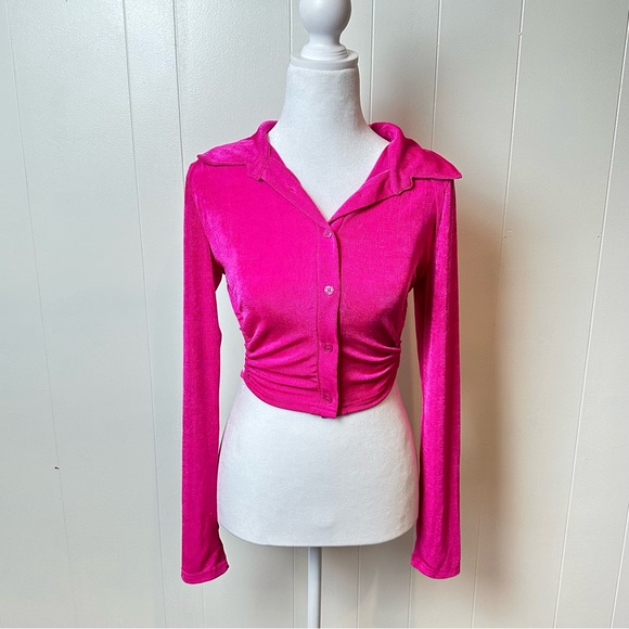 Shein Pink Button Down Crop Top M - Picture 2 of 7
